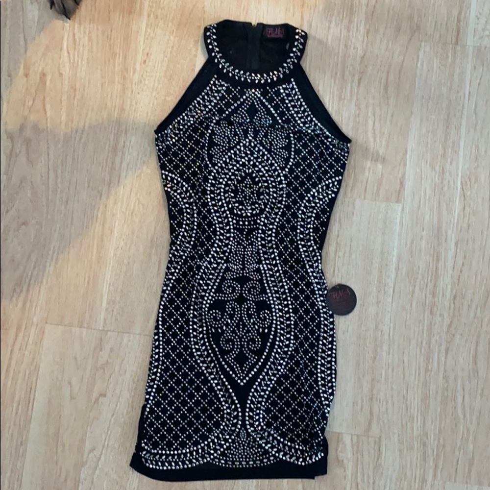 Black silver iridescent studded rhinestone dress